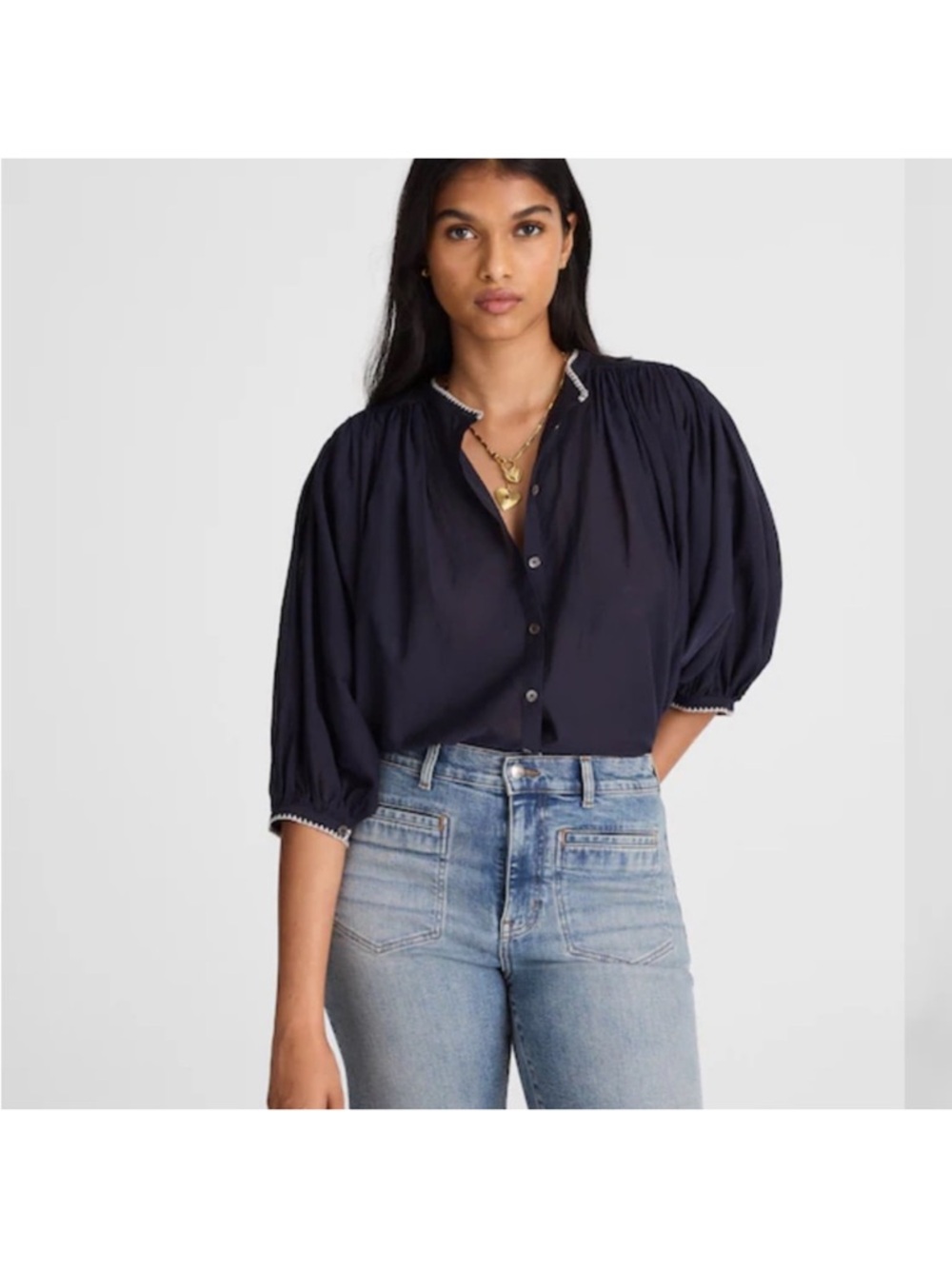 Madewell Navy Balloon-Sleeve Buttoned Blouse